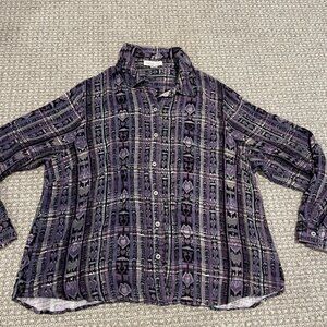 Coldwater Creek Shirt Womens XL Buttondown Purple Aztec Abstract Long Sleeve Top